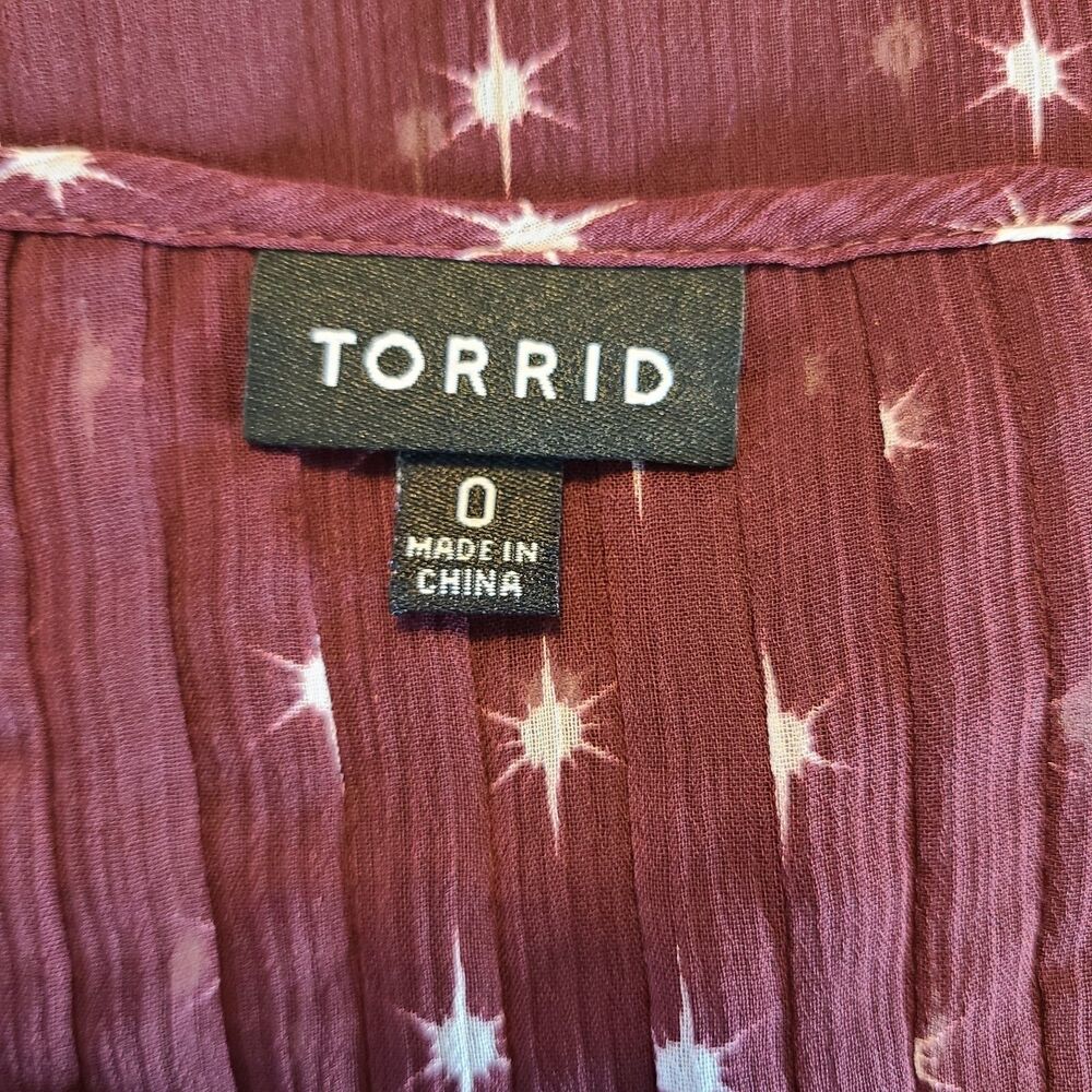 Torrid Burgundy Starburst Georgette Pleated Chiffon Blouse Boho Ruffle Slv Sz L - Picture 5 of 11